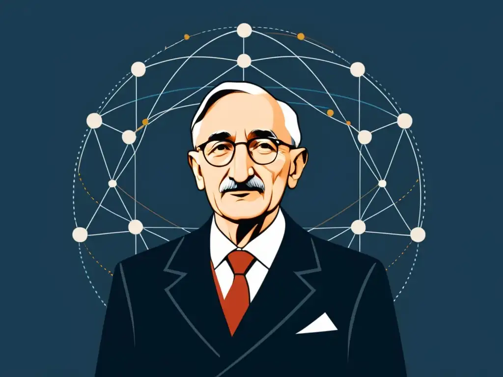 Friedrich Hayek en ilustración minimalista, rodeado de líneas y símbolos económicos, evocando profundidad intelectual y orden catalláctico