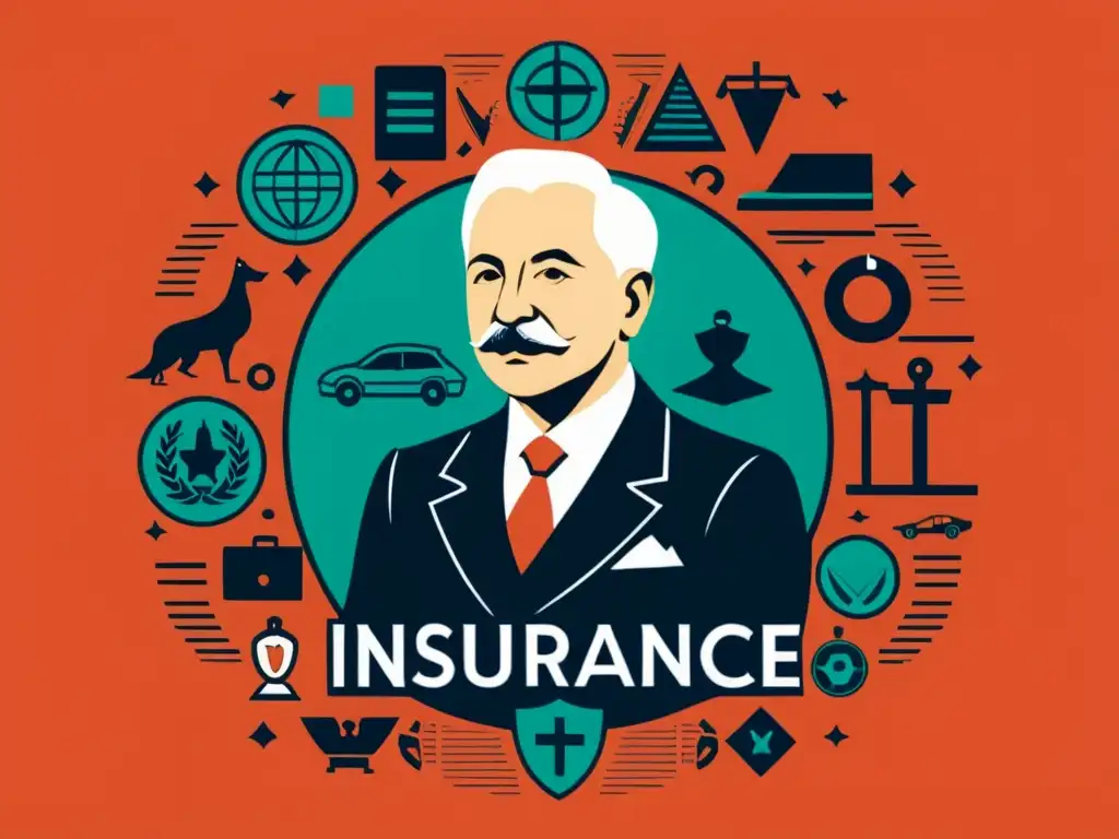 Ilustración minimalista de Ludwig von Mises rodeado de pólizas de seguros, con líneas limpias y detalles intrincados que muestran la complejidad de la industria del seguro y los principios económicos de la Escuela Austriaca