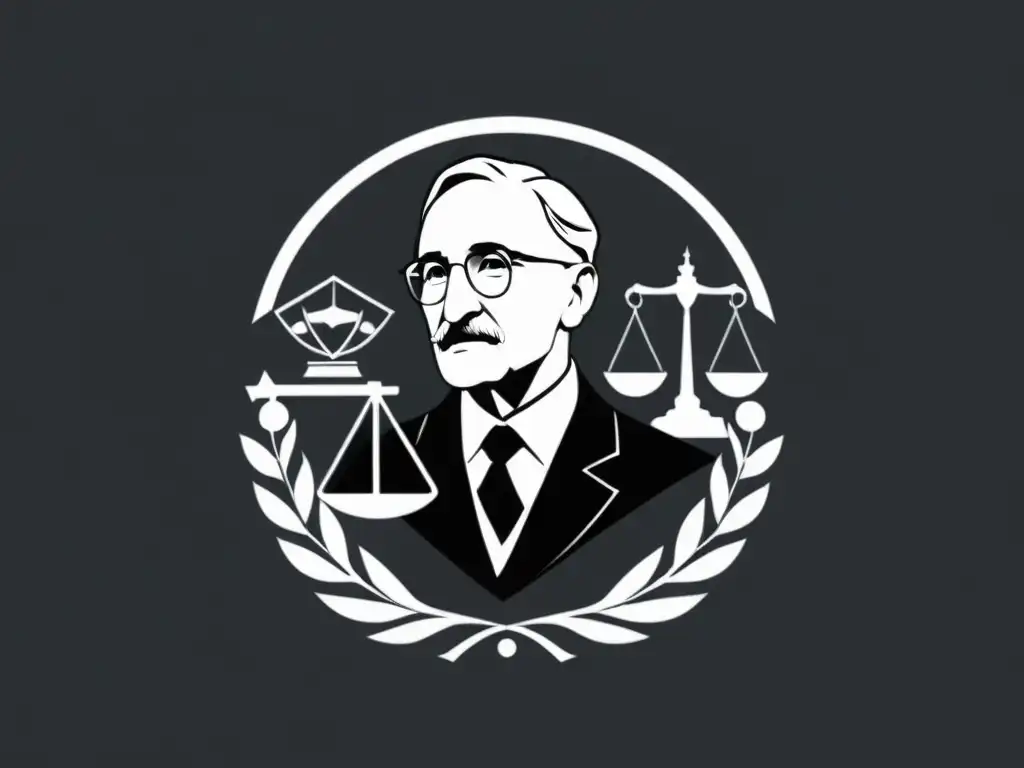 Una ilustración minimalista de Friedrich Hayek, rodeado de símbolos de seguros, en contraste blanco y negro