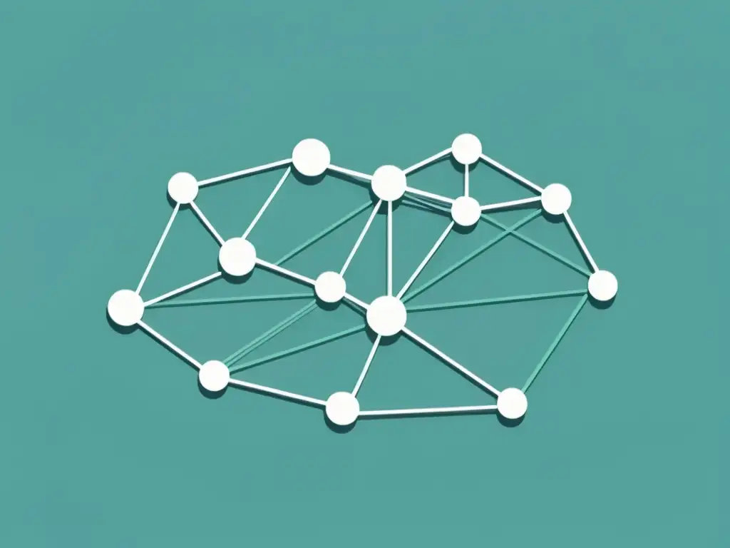 Red dispersa de información en la teoría de Hayek Una representación minimalista de la Teoría de los seguros de Hayek: una red dispersa de nodos interconectados en tonos suaves y líneas sutiles