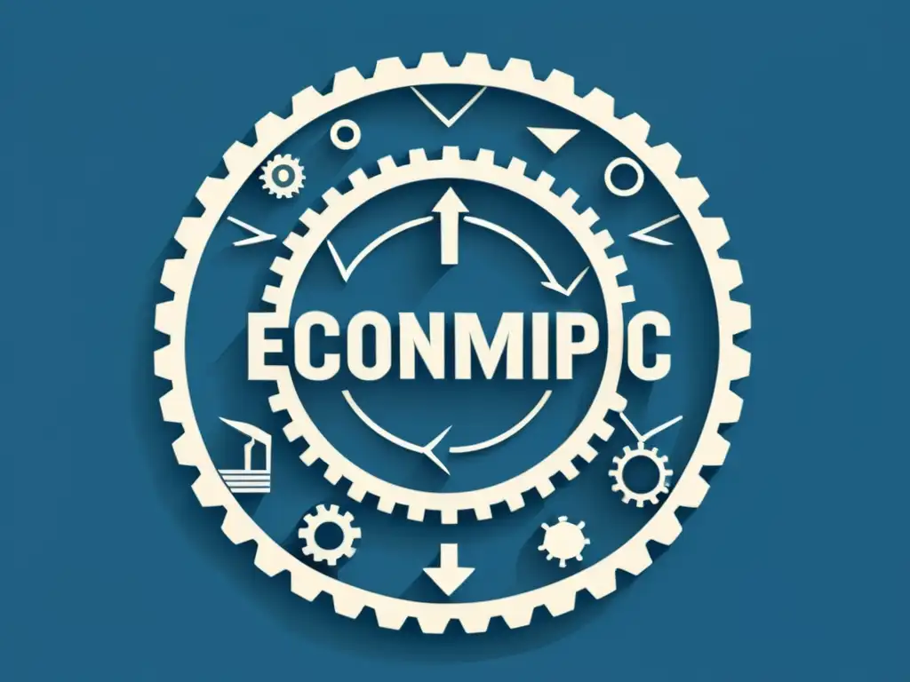 Ilustración minimalista en tonos azules y grises de un complejo ciclo económico con engranajes y flechas, representando la teoría ciclo económico F