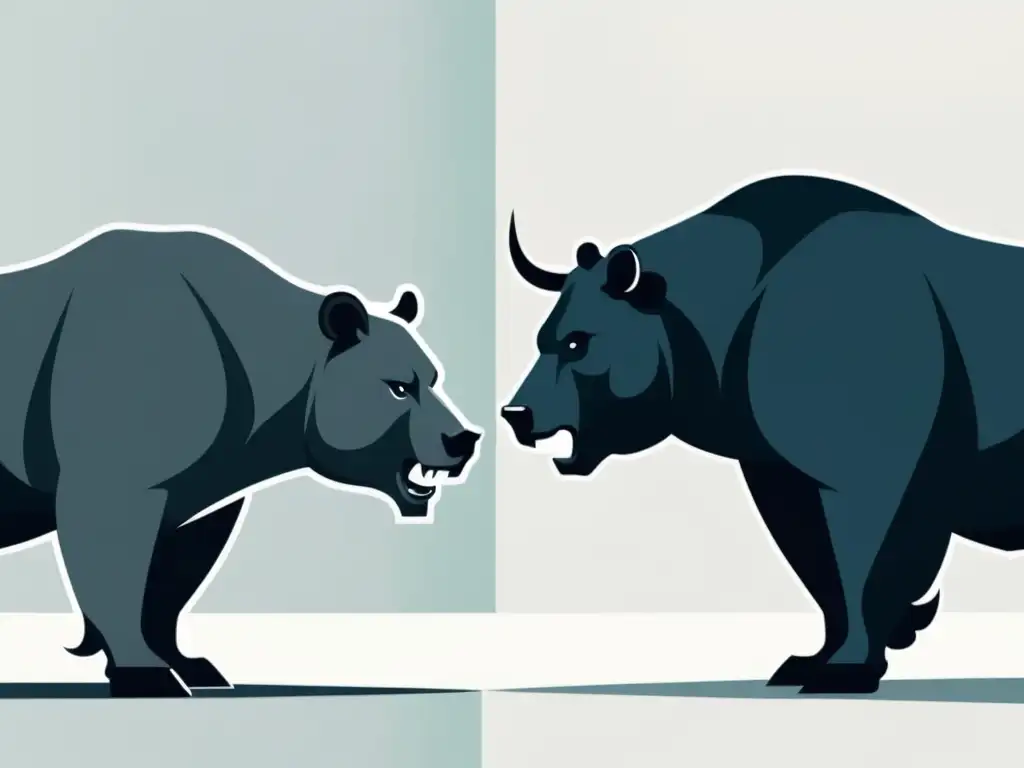 Ilustración minimalista de un toro y un oso en un tenso enfrentamiento en Wall Street, reflejando los principios austriacos análisis bursátil