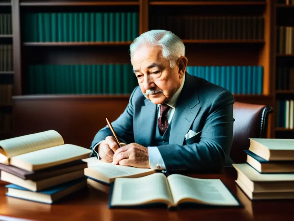 Ludwig von Mises concentrado en su escritura rodeado de libros y papeles, evocando la profundidad intelectual de las teorías económicas de la Escuela Austriaca