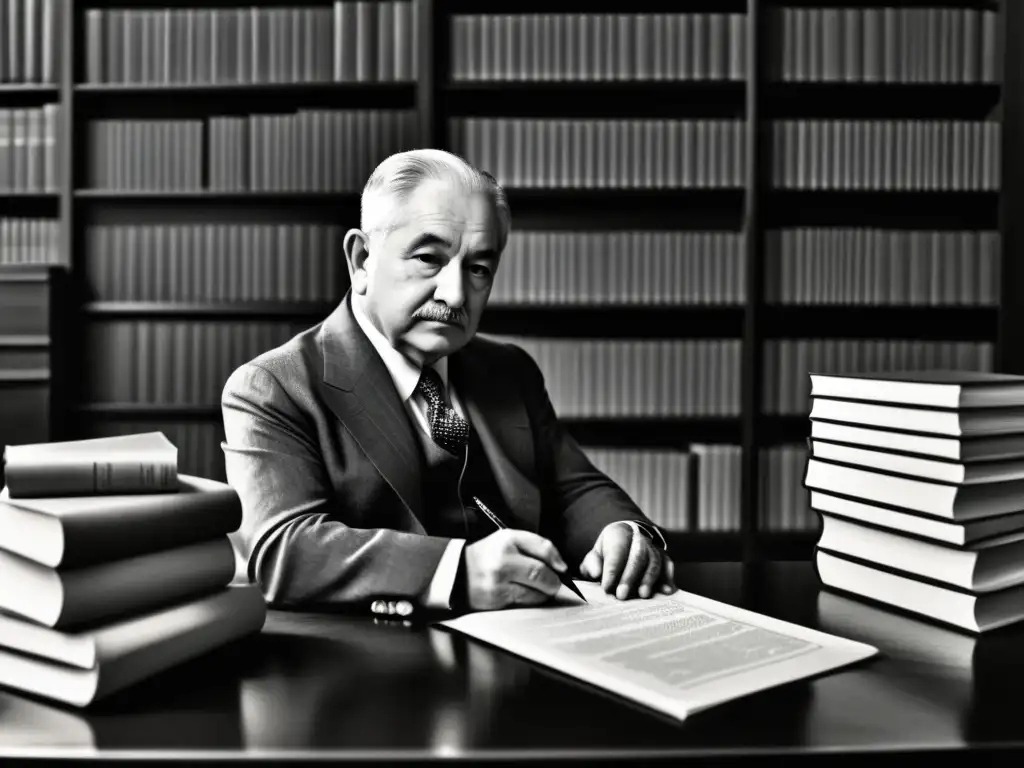 Ludwig von Mises concentrado escribiendo con una pluma, rodeado de libros y papeles