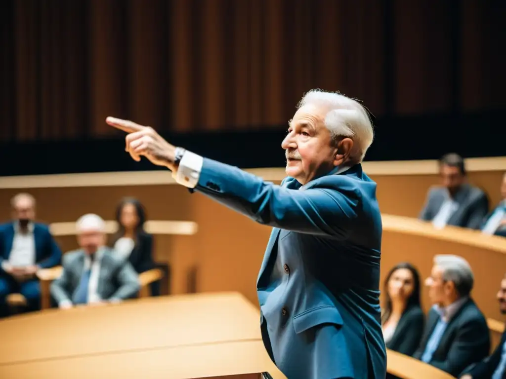 Ludwig von Mises impartiendo una conferencia ante una audiencia atenta, reflejando la influencia de la Escuela Austriaca en eventos influyentes