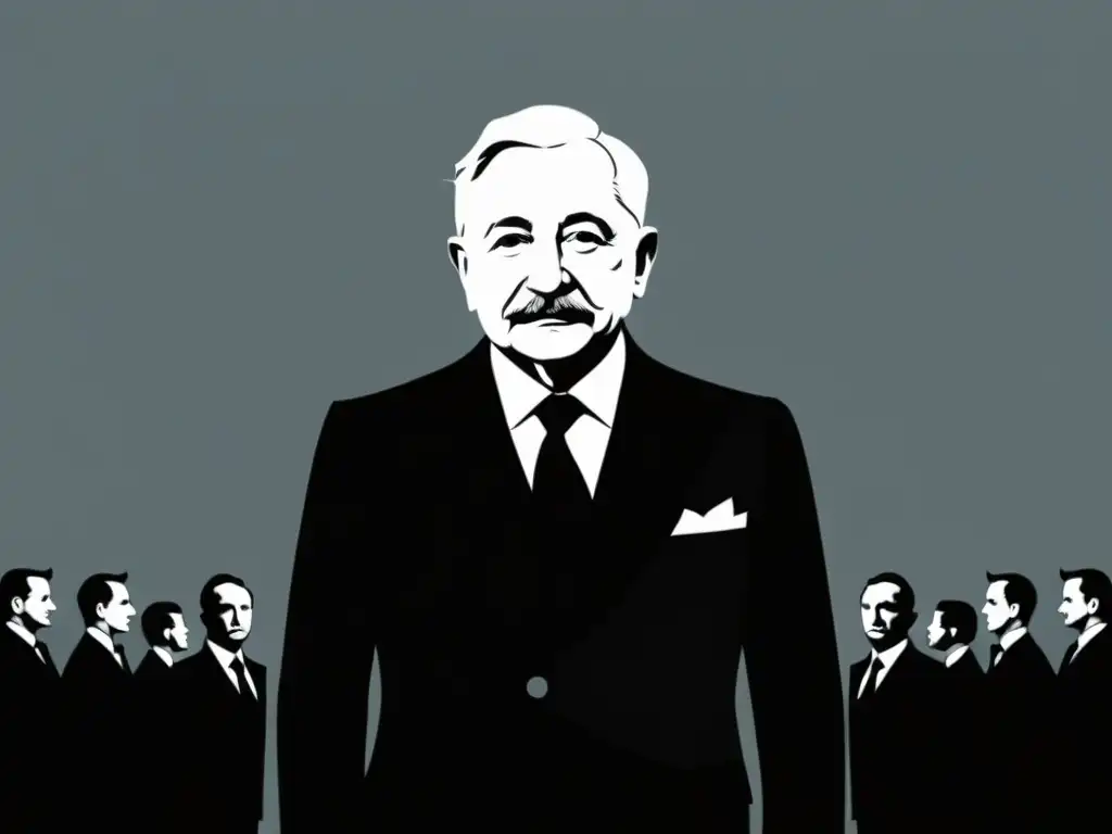 Ludwig von Mises desafiando al Gobierno Omnipotente, simbolizado en una ilustración en blanco y negro con una atmósfera de contraste y poder