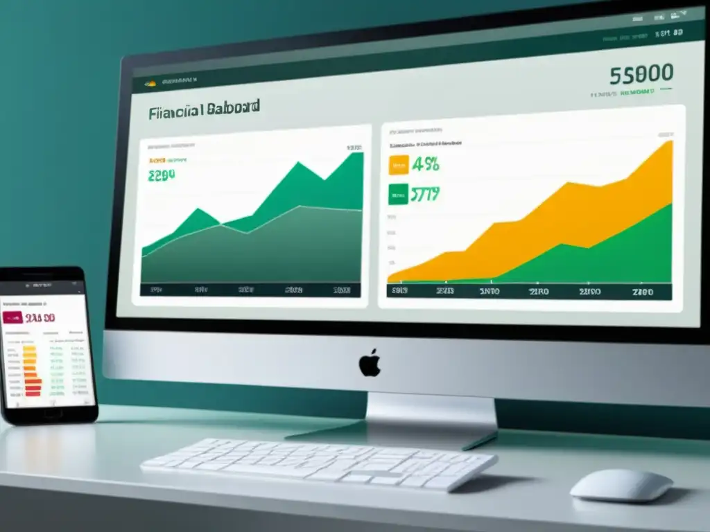 Un moderno tablero financiero en pantalla, con gráficos vibrantes que representan datos financieros