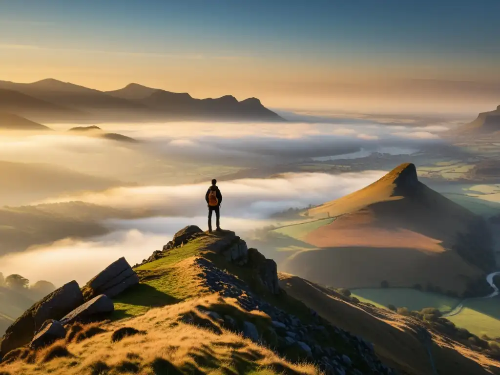 Figura solitaria contemplando el valle al atardecer Un momento de contemplación y soledad en un acantilado rocoso, iluminado por el resplandor dorado del sol poniente