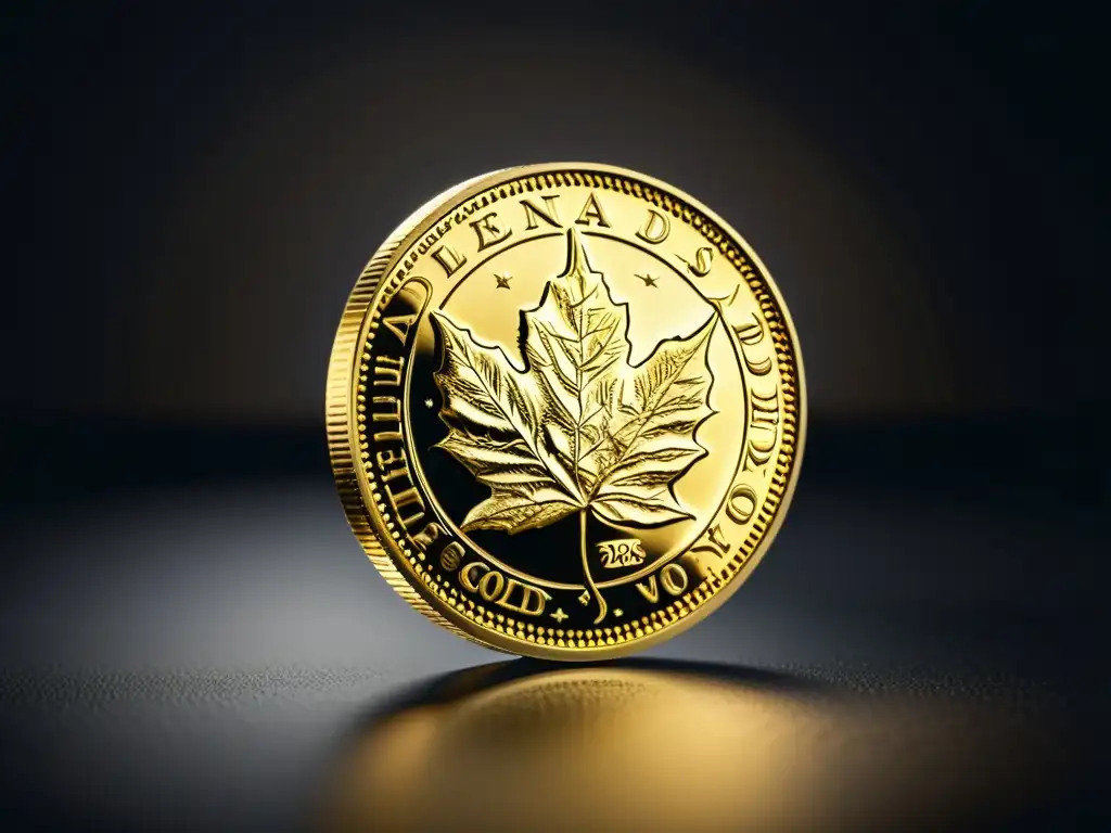 Una moneda de oro con grabados detallados, reflejando la luz en un fondo negro