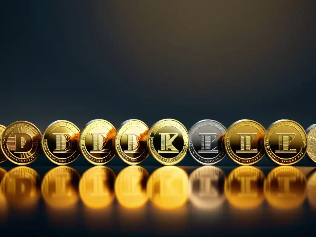Brillante pila de monedas digitales en 8k Montón de monedas digitales brillantes en superficie reflectante, simbolizando el valor del dinero en el siglo XXI