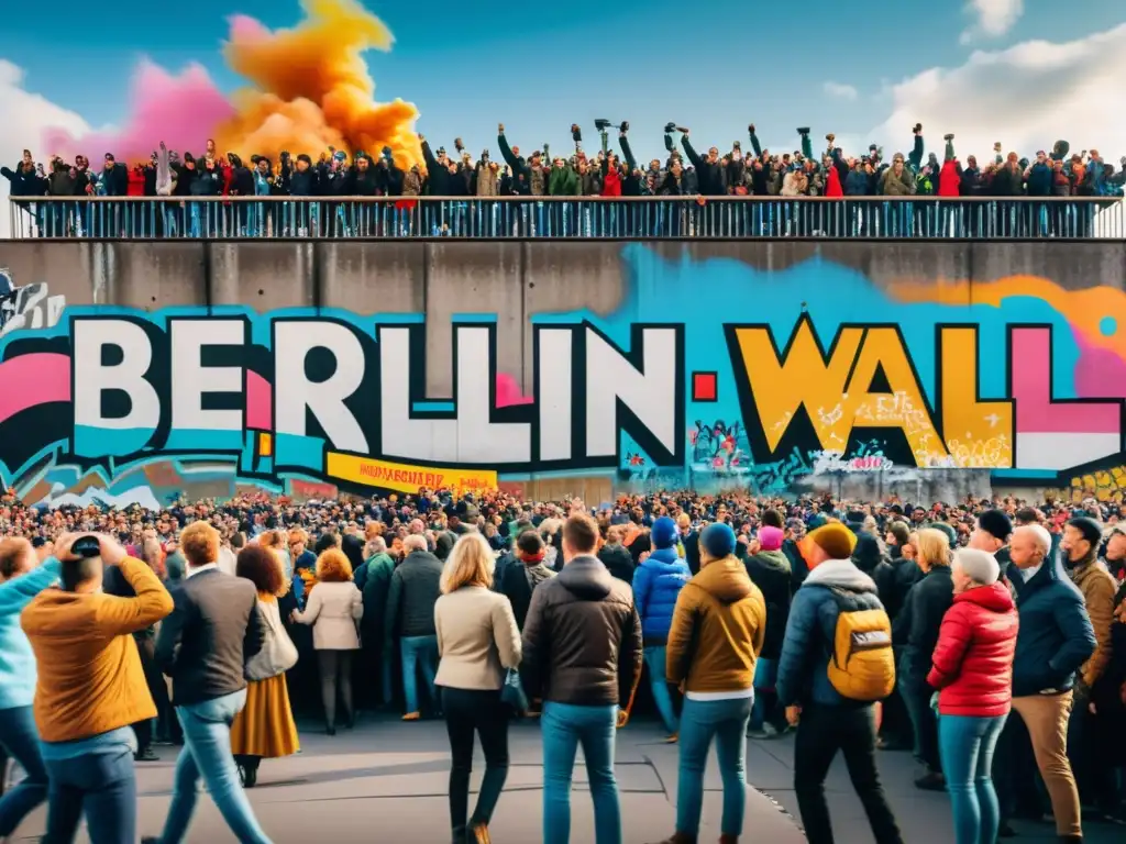 Multitud celebrando la caída del Muro de Berlín con grafitis coloridos