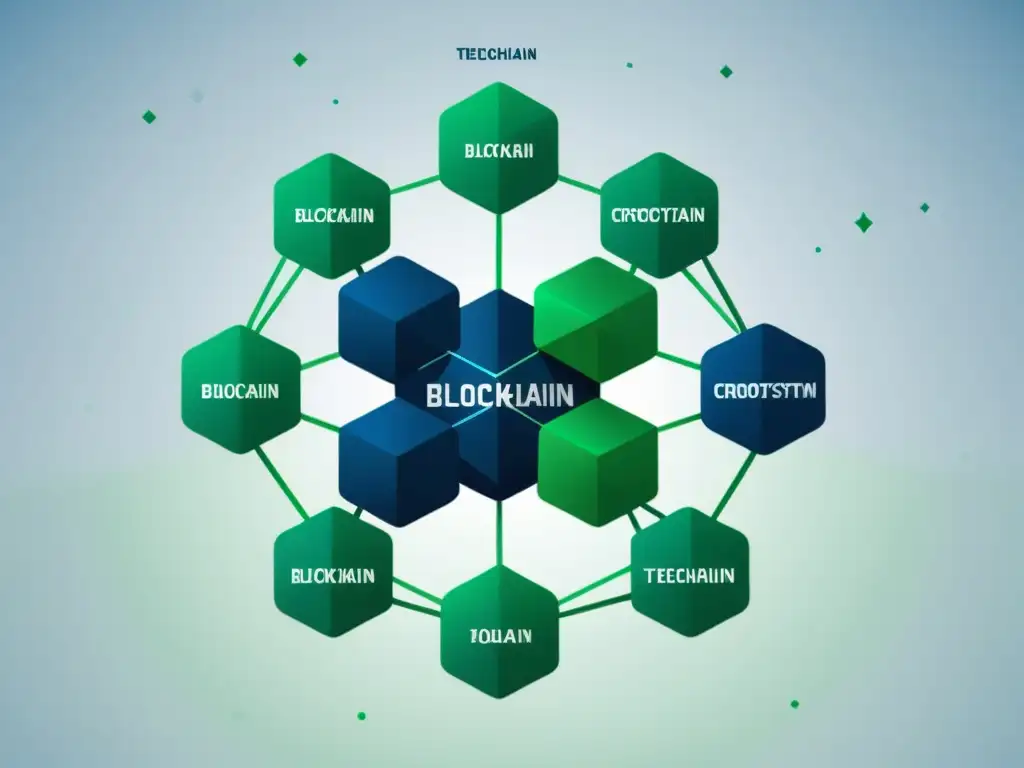 Interconexión de nodos en ilustración digital minimalista en tonos de azul y verde sobre blockchain y Escuela Austriaca Economía criptomonedas