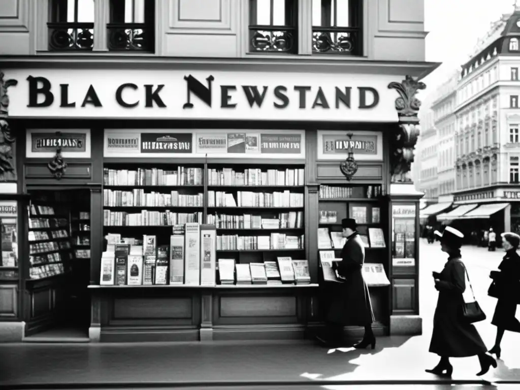 Una nostálgica fotografía en blanco y negro de un bullicioso quiosco de periódicos en Viena a principios del siglo XX