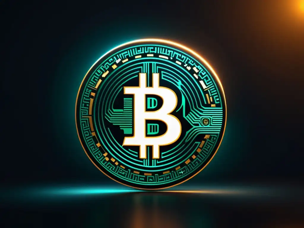 Una obra digital minimalista con un símbolo de Bitcoin brillante suspendido en un espacio futurista, evocando Bitcoin como reserva de valor