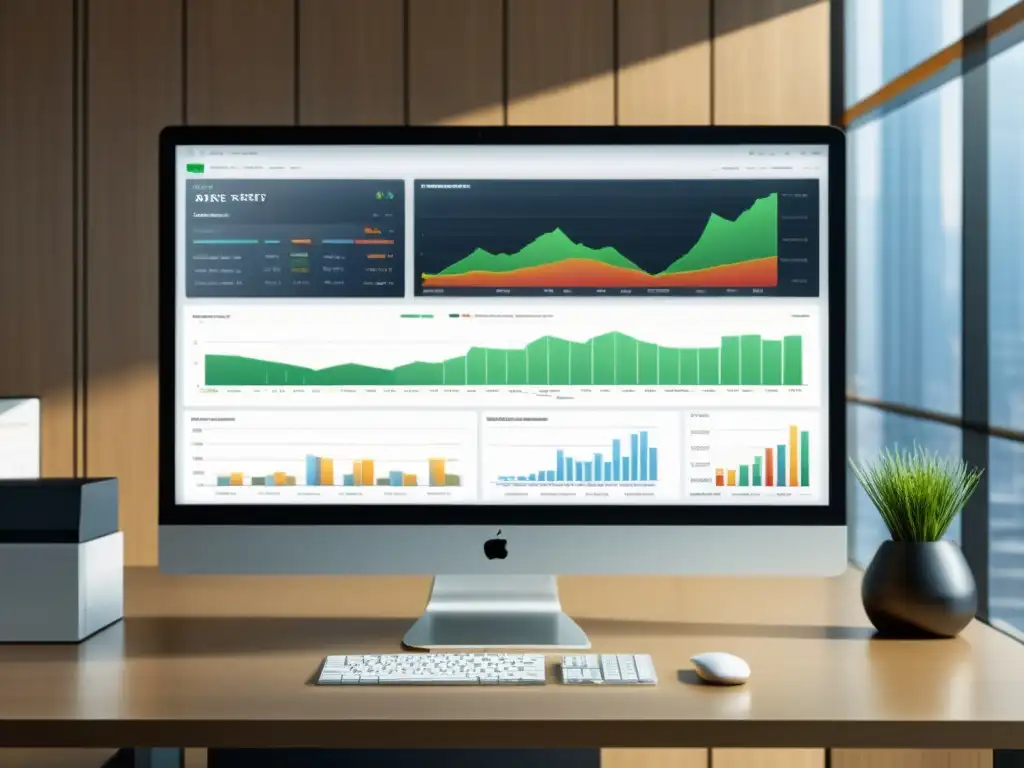 Oficina financiera moderna con software de gestión para decisiones financieras en pantalla, bañada en luz natural y ambiente profesional