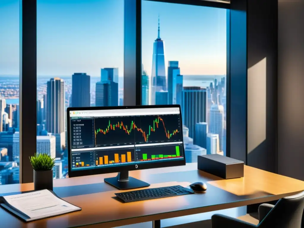 Oficina minimalista con software gestión financiera y vista a la ciudad, reflejando profesionalismo y modernidad
