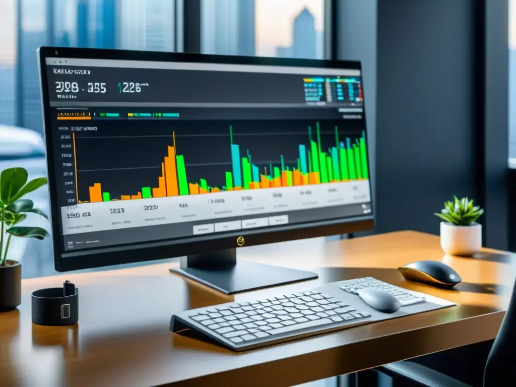 Oficina minimalista con software de gestión financiera para ciclo económico en monitor de alta resolución y ambiente sereno