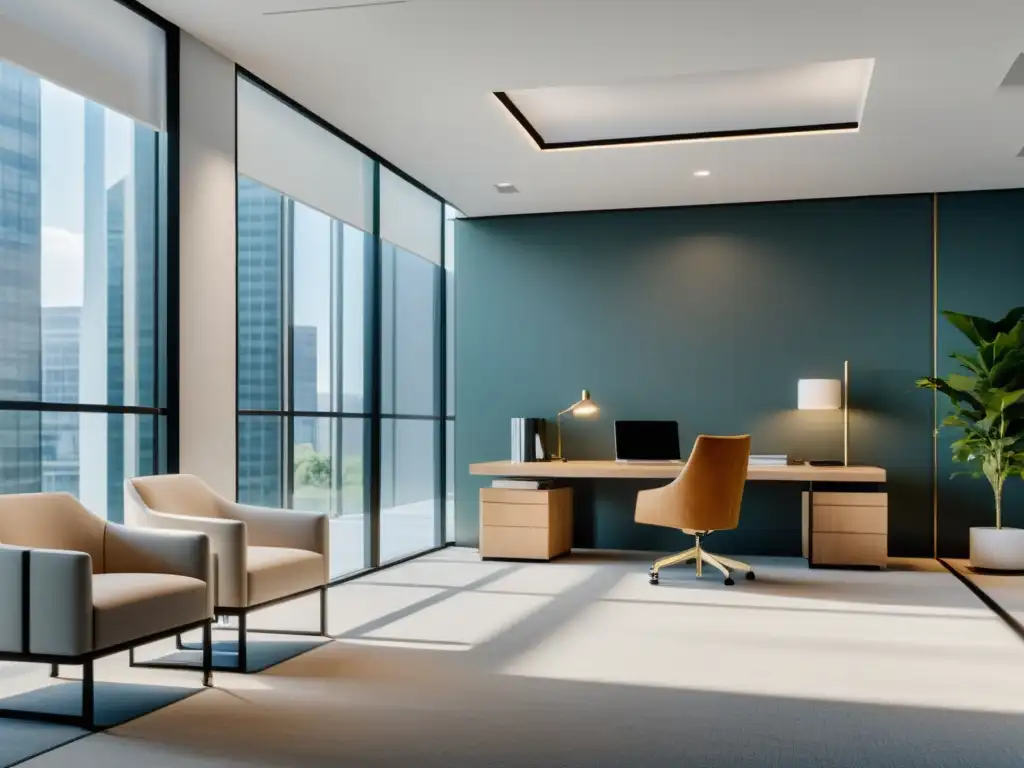 Oficina moderna con diseño minimalista y elegante, inundada de luz natural