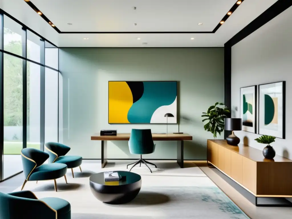 Una oficina moderna con luz natural, decoración minimalista y una llamativa pintura abstracta en la pared