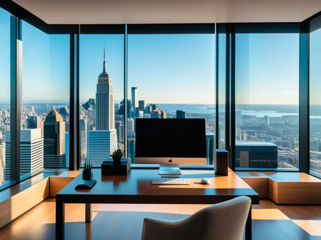 Oficina moderna con vista panorámica y escritorio organizado Oficina moderna con vista a la ciudad, organizada y bañada en luz natural