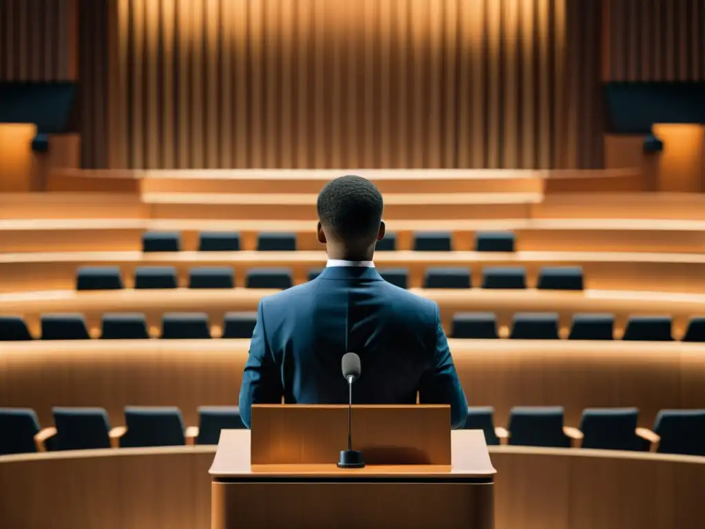 Orador en el podio da una conferencia con carisma y confianza en un auditorio moderno