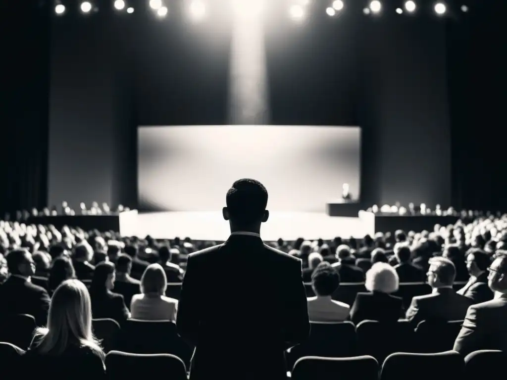 Conferencista inspirador cautiva a la audiencia Un orador bien vestido se destaca en el escenario, cautivando a la audiencia con su presentación sobre Principios del éxito económico