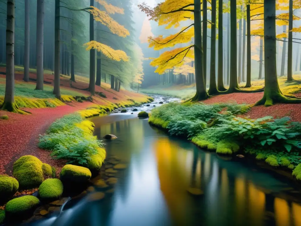 Armonía otoñal: bosque sereno y economía Un paisaje forestal sereno con vibrante follaje otoñal y un arroyo tranquilo, reflejando paralelismos entre ciclos económicos y naturales