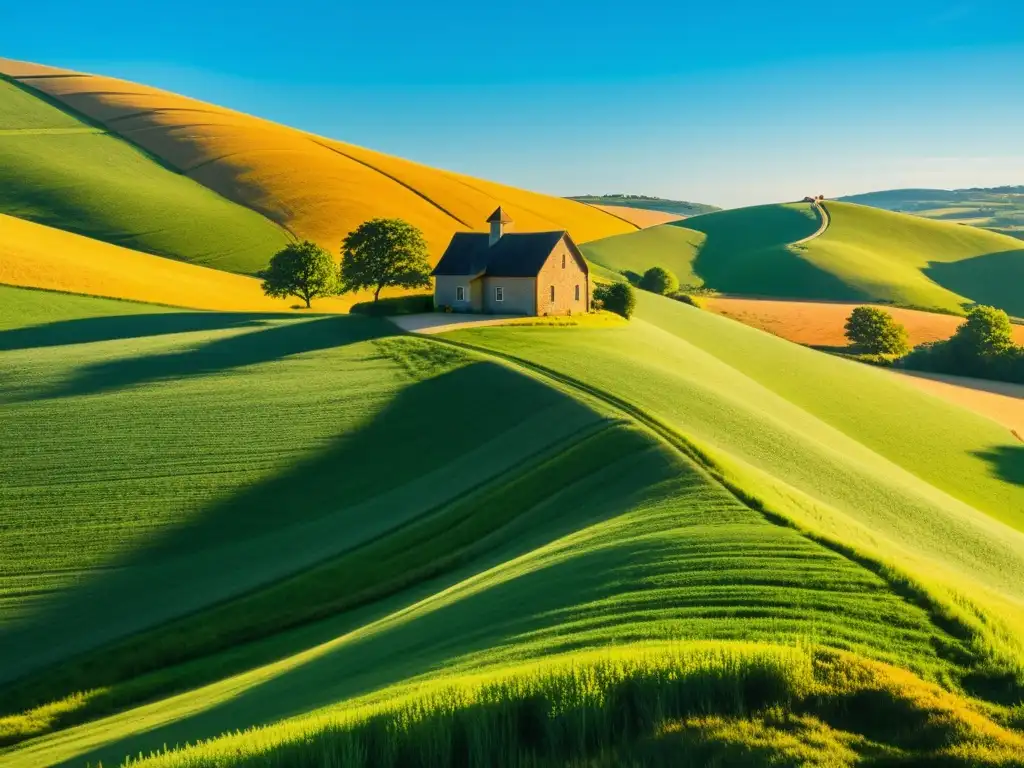 Un paisaje idílico y sereno de colinas verdes y una granja en la distancia, bañado por la cálida luz del sol