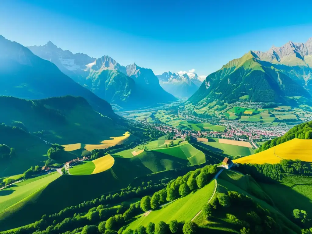 Un paisaje impresionante de Liechtenstein, con colinas verdes, pueblos y los majestuosos Alpes de fondo