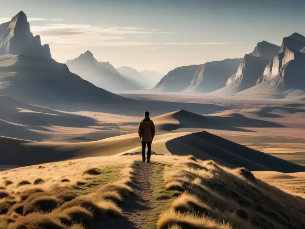 Contemplación en la vastedad: Figura solitaria frente a montañas Un paisaje impresionante con una figura solitaria mirando al horizonte