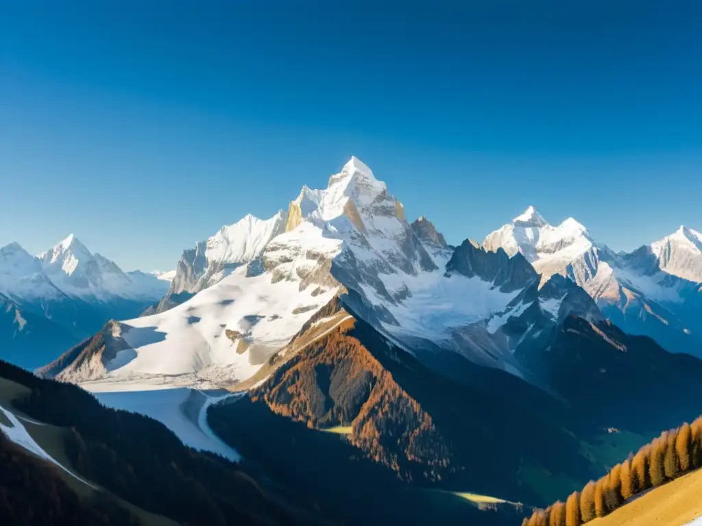 Un paisaje sereno de los Alpes austriacos, con picos nevados y cielo azul