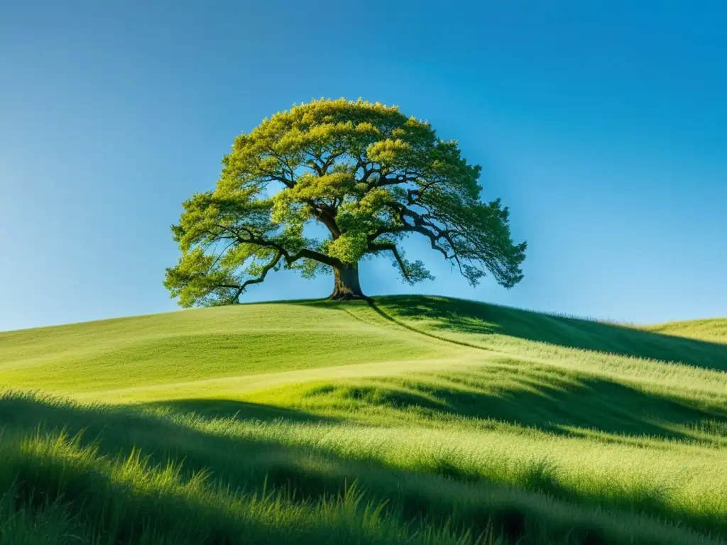 Un paisaje sereno de campo con colinas, cielo azul y un roble solitario proyectando una larga sombra