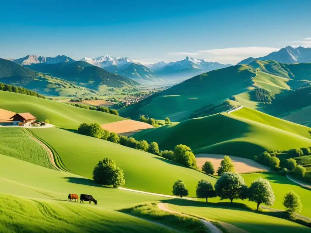 Paisaje tranquilo en Austria con colinas verdes, un pueblo pintoresco y cielo azul