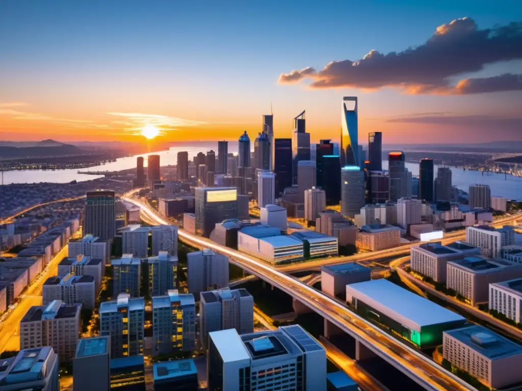 Vibrante ciudad descentralizada: diversidad y armonía urbana al atardecer Un paisaje urbano bullicioso con múltiples distritos comerciales descentralizados, cada uno con su arquitectura y diseño únicos