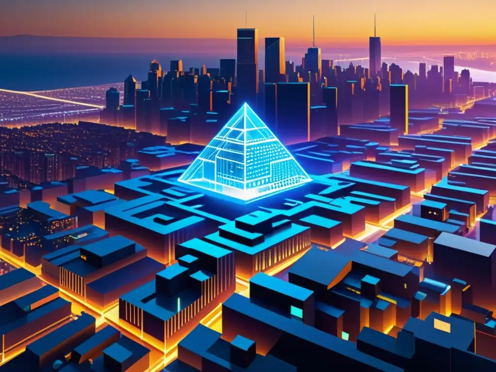 Un paisaje urbano futurista con detalles de blockchain integrados, bañado por la cálida luz del atardecer