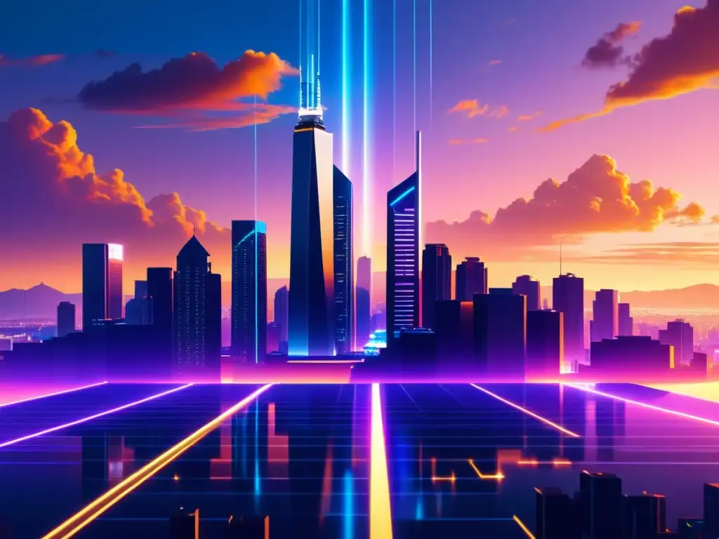 Un paisaje urbano futurista con rascacielos interconectados, pantallas digitales y valores de criptomonedas, simbolizando la descentralización monetaria y la libertad financiera en un atardecer cálido y etéreo