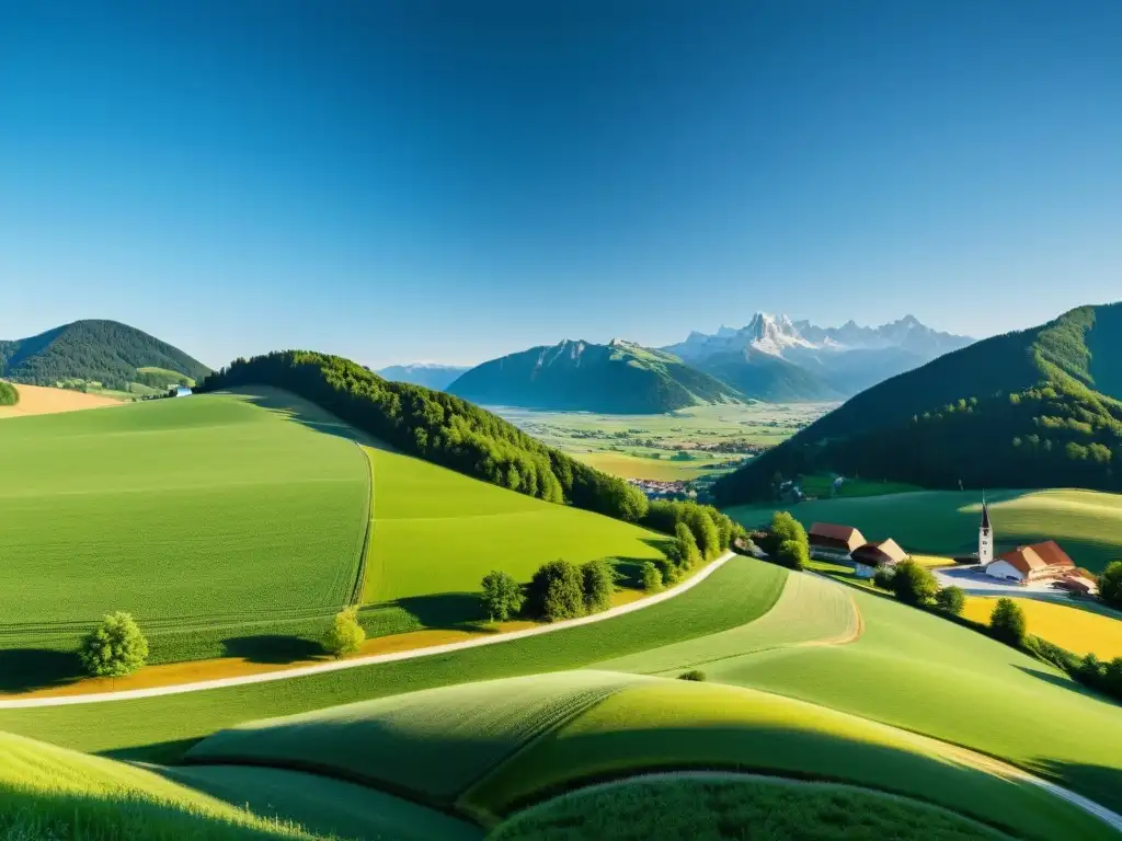 Panorama de la campiña austriaca, con colinas verdes y un pueblo tradicional