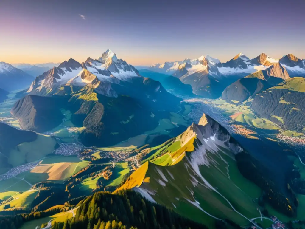 Panorámica de los Alpes austriacos al atardecer, picos nevados brillan bajo la luz dorada