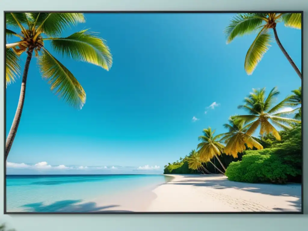 Un paraíso tropical con aguas turquesas cristalinas y palmeras meciéndose suavemente bajo un cielo despejado