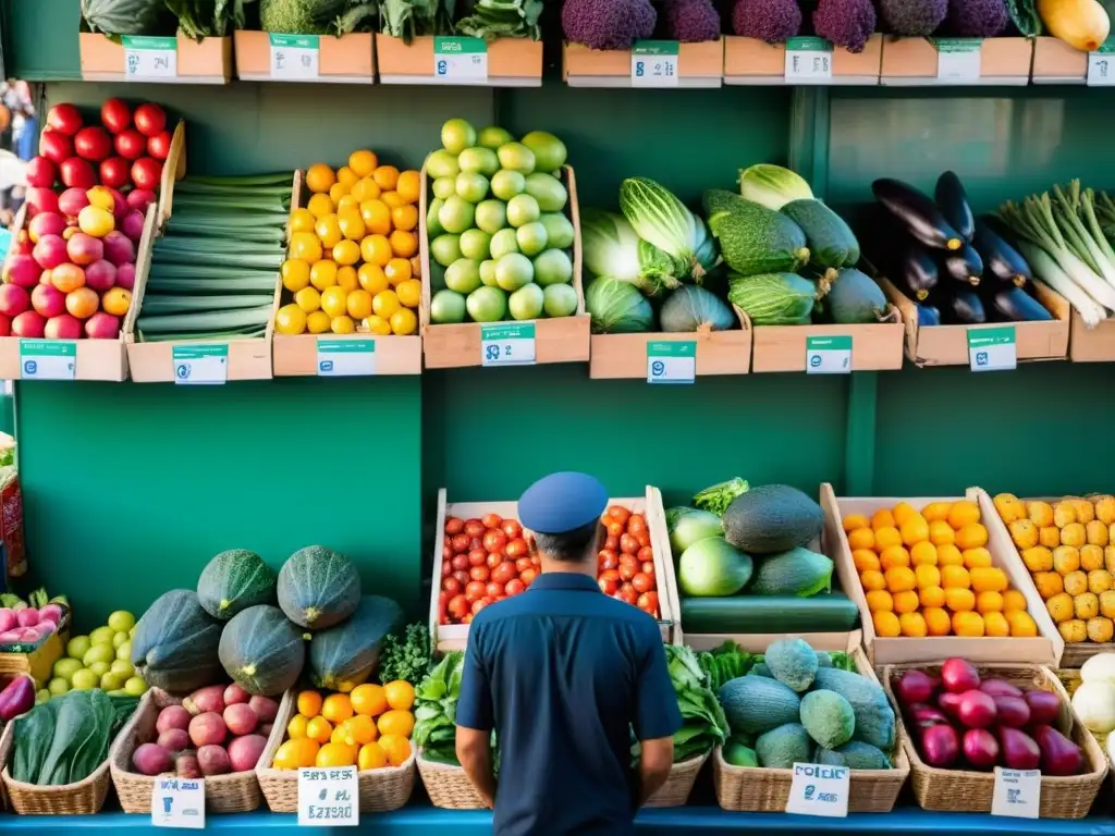 Persona observando el bullicioso mercado Machane Yehuda en Jerusalén, con un enfoque en la vibrante variedad de productos frescos