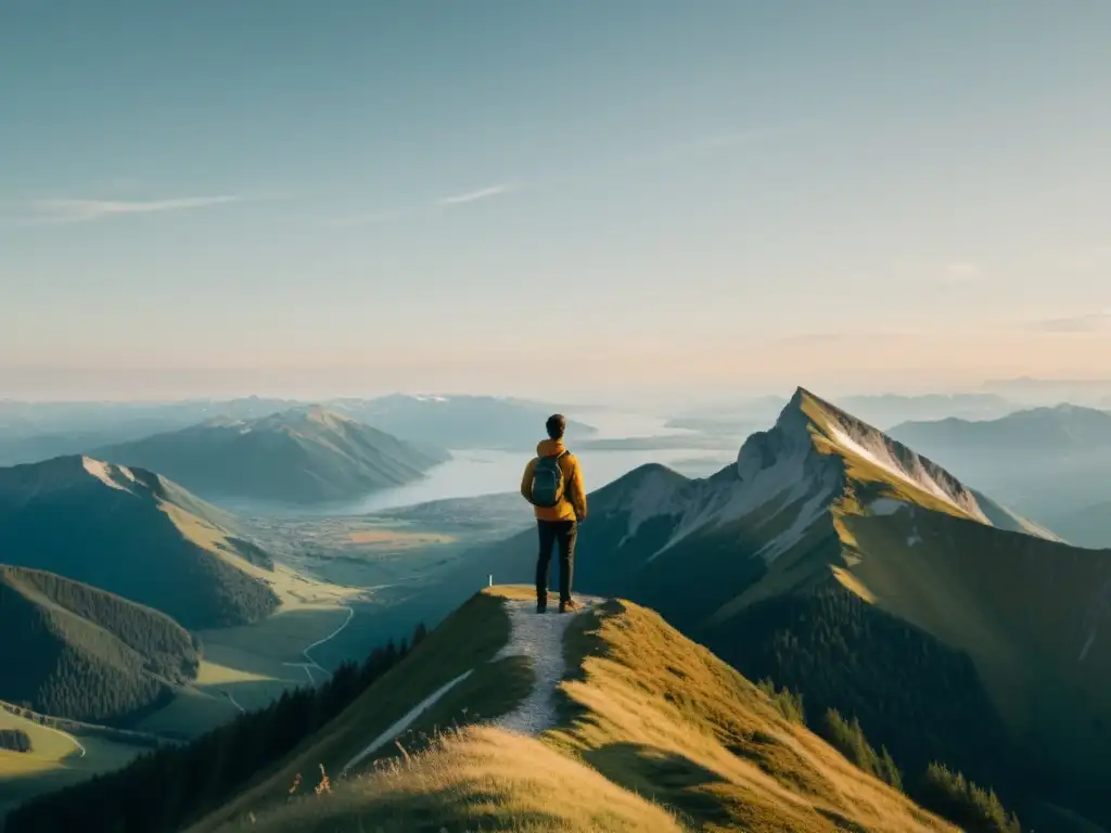 Persona en cima montaña contemplando paisaje sereno, sosteniendo una llave