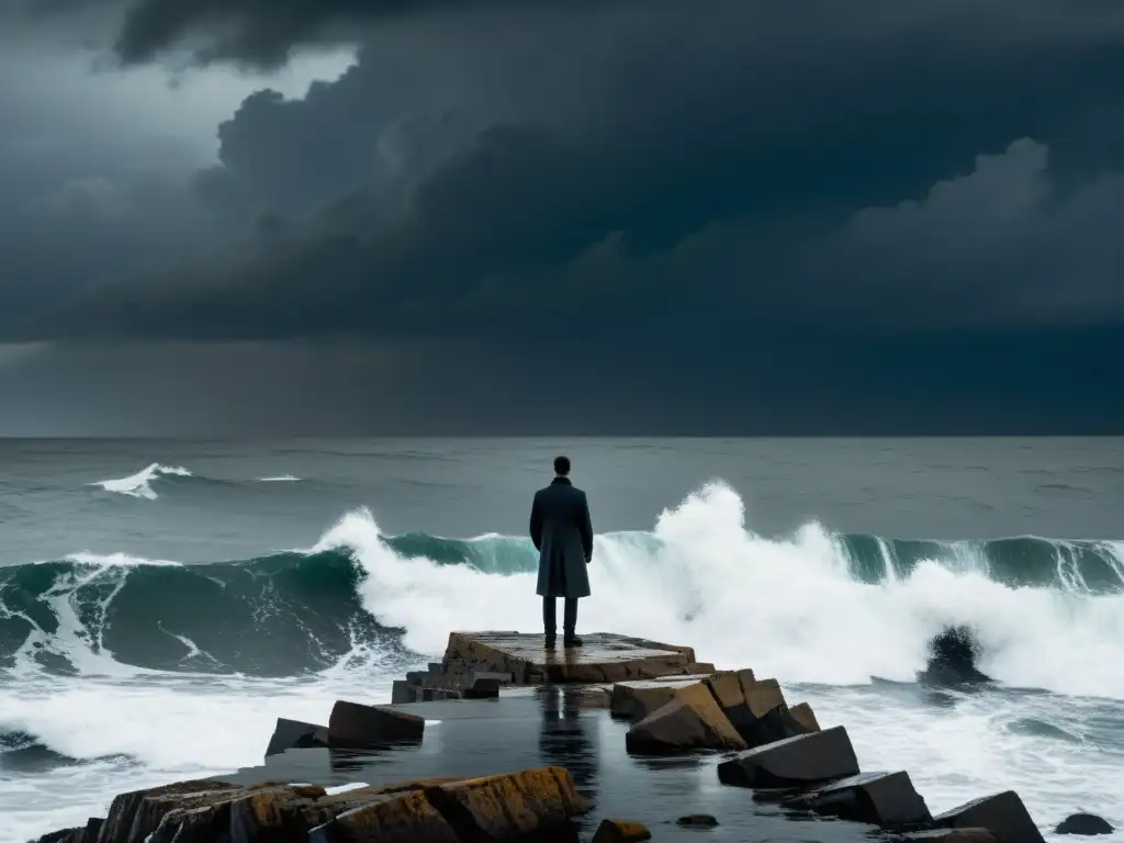 Persona contemplativa frente al mar tormentoso, reflejando la crítica austriaca hacia rescates bancarios en tiempos de crisis