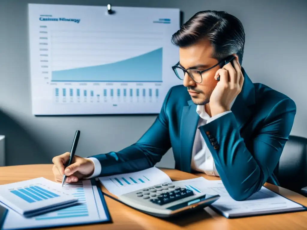 Persona analizando sus finanzas en escritorio moderno con aplicaciones de la praxeología económica