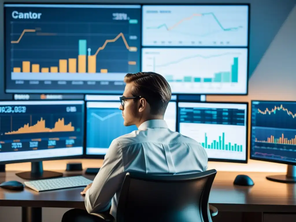 Persona pensativa en escritorio moderno, rodeada de gráficos financieros y datos de mercado