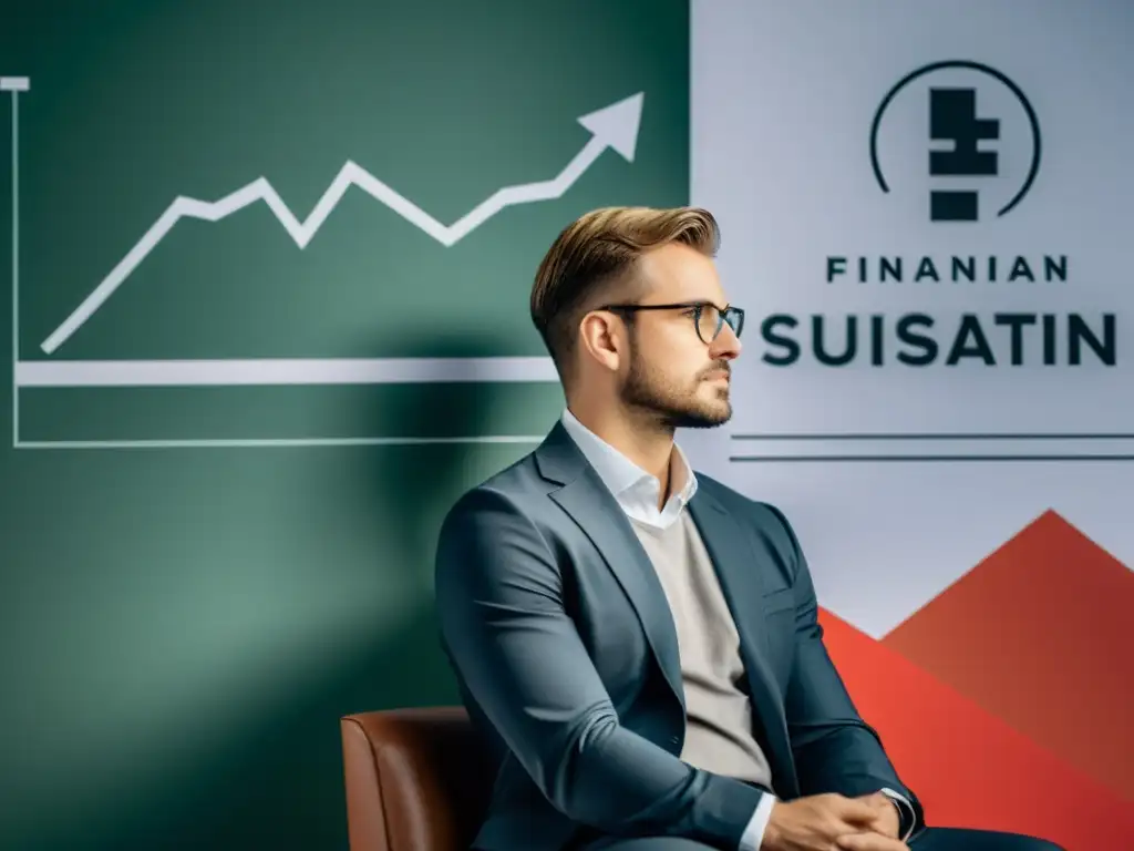 Persona en pose contemplativa entre gráficos financieros, con emblema de la Escuela Austriaca