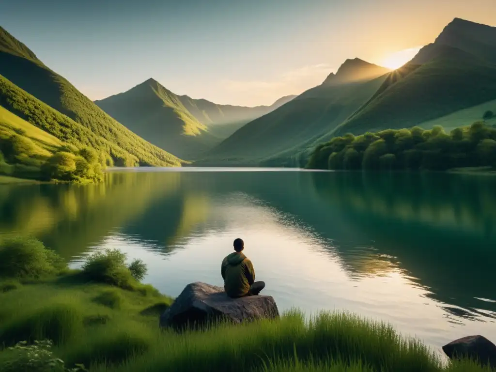 Reflexión al atardecer en el lago de montaña Persona reflexiva disfruta de la aplicación de la teoría austriaca junto al lago al atardecer en las montañas verdes