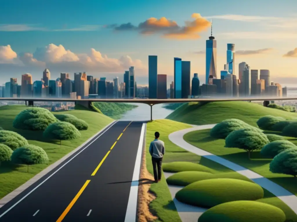 Persona reflexiva en encrucijada entre ciudad bulliciosa y paisaje natural, simbolizando enfoque en la acción individual