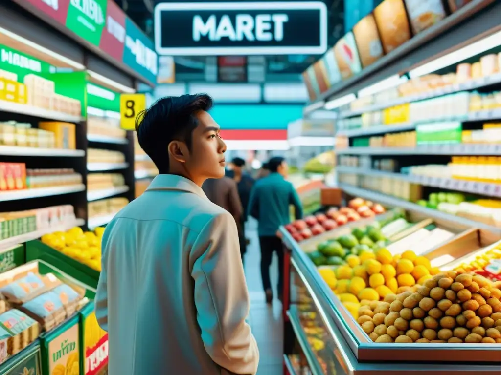 Persona reflexiva en mercado lleno de productos y anuncios, reflejando la complejidad de la psicología del consumidor en economías traumatizadas