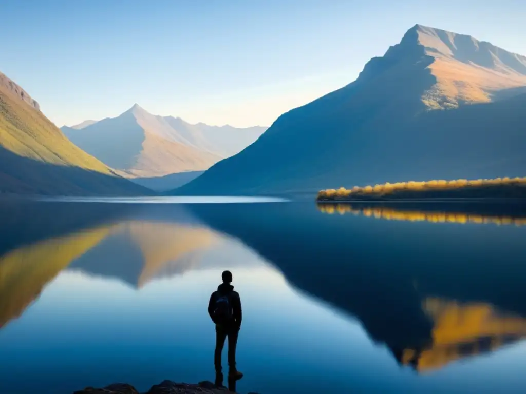 Contemplación en el lago: serenidad y reflexión en la naturaleza Persona solitaria reflexionando junto a un lago tranquilo, con montañas y cielo reflejados en el agua