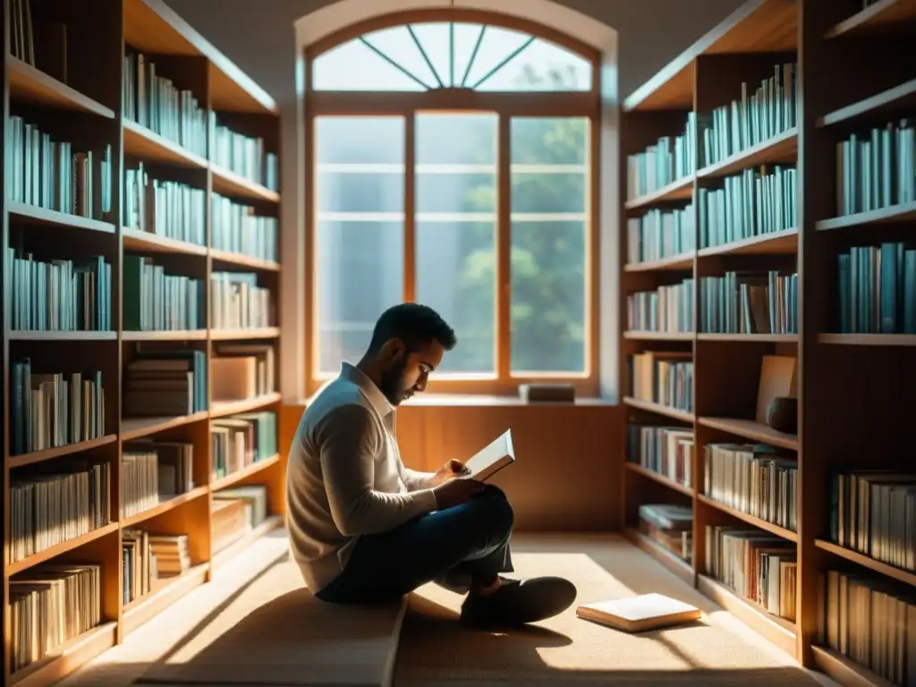 Persona en tranquila habitación con estanterías de libros de inversión